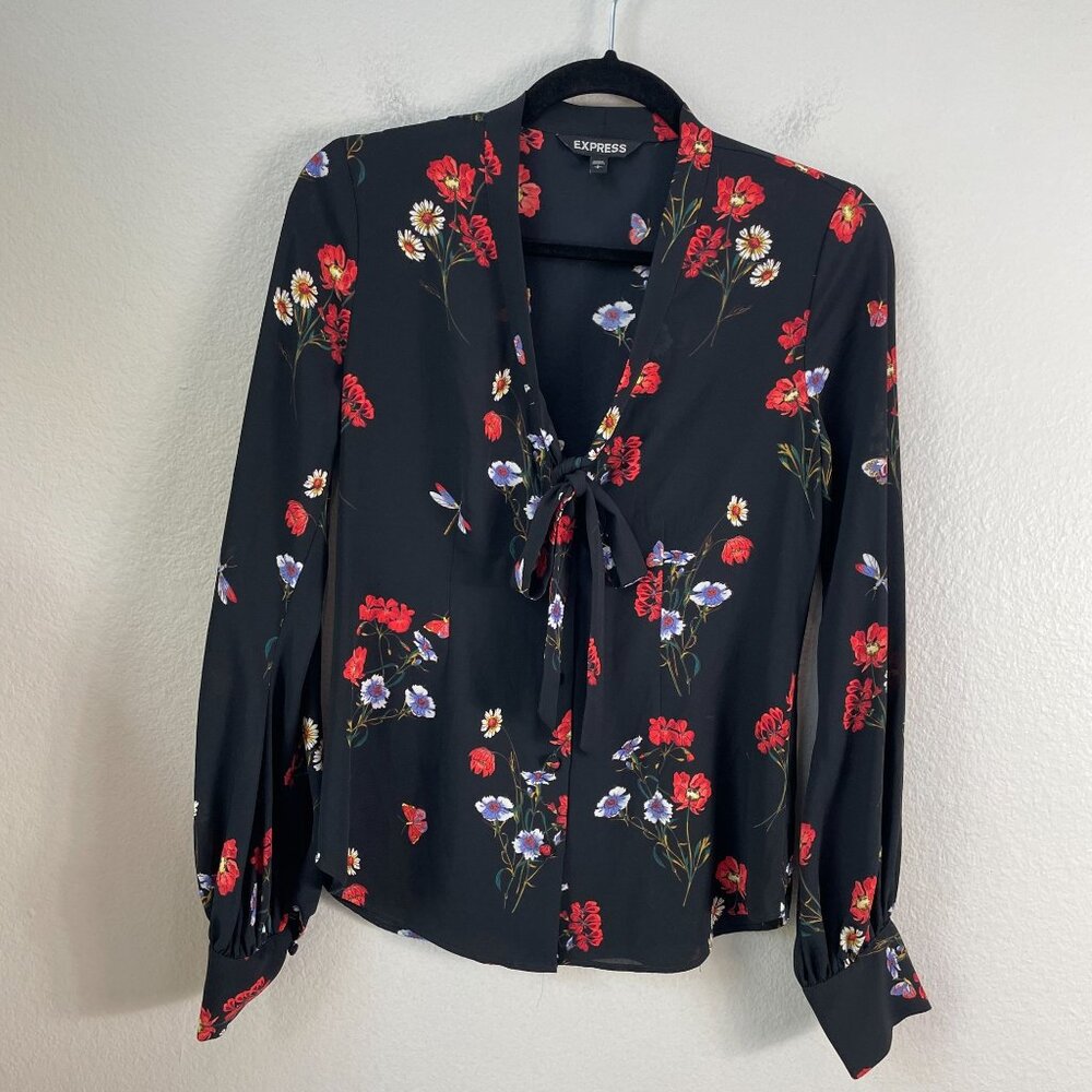 Express Womens Small Black Floral Dragonfly Tie Front Blouse Long Sleeve Shirt